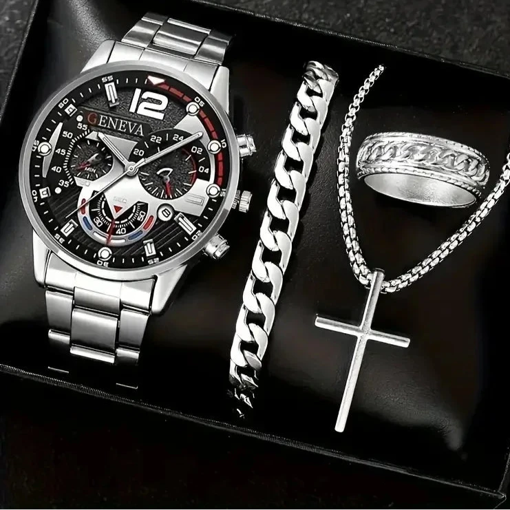 Men’s Luxury Quartz Watch Gift Jewelry Set – Gold Roman Calendar Wristwatch with Cross Necklace, Bracelet & Ring
