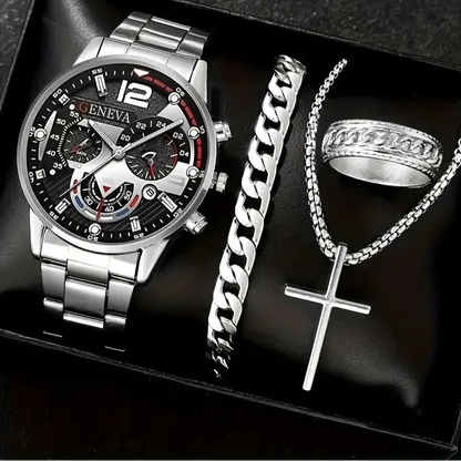 Men’s Luxury Quartz Watch Gift Jewelry Set – Gold Roman Calendar Wristwatch with Cross Necklace, Bracelet & Ring