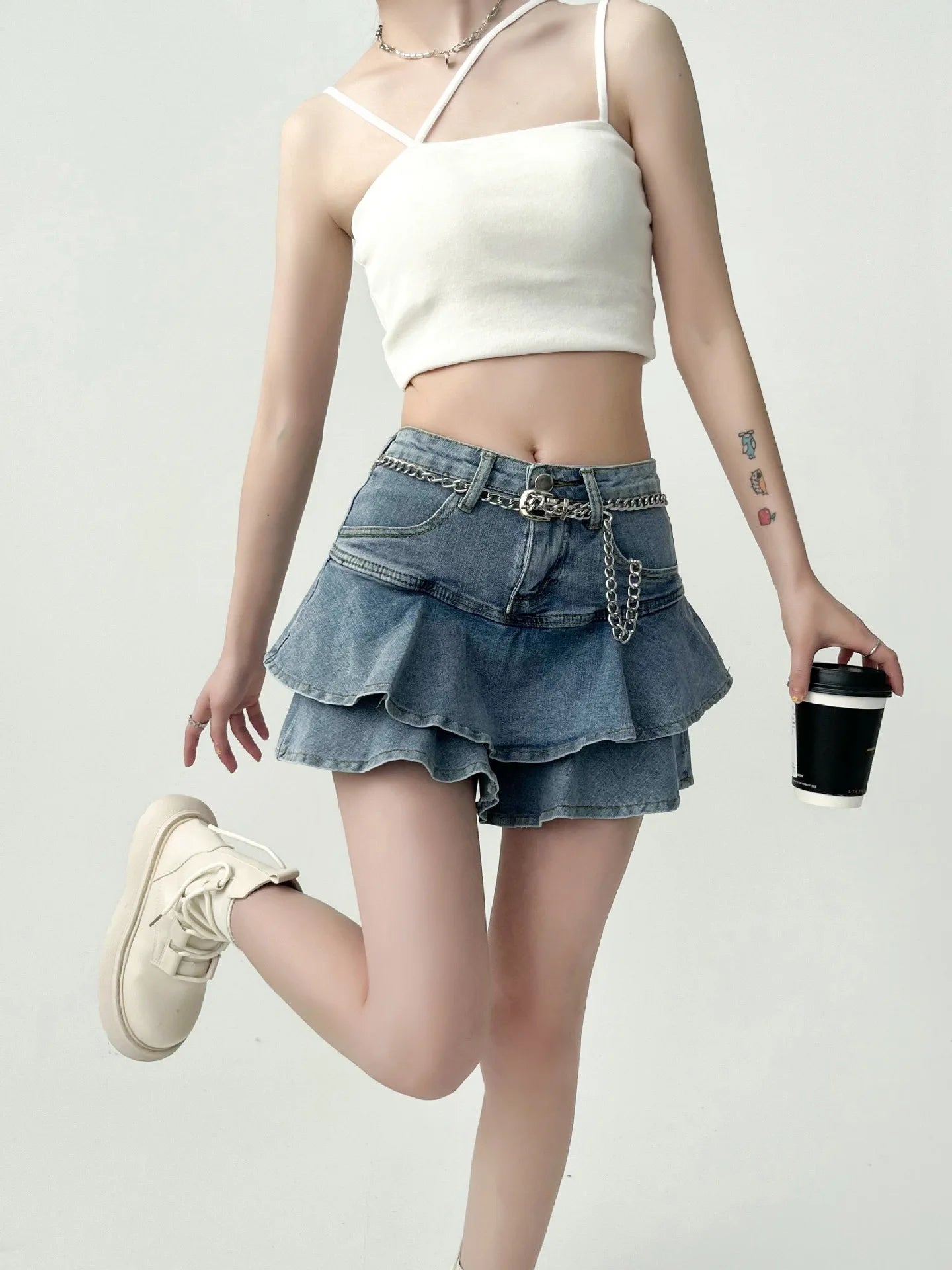 Women’s Spice Girls Denim Skirt Bottom – High-Waisted Stretch Slim A-Line Double Denim Cake Skirt