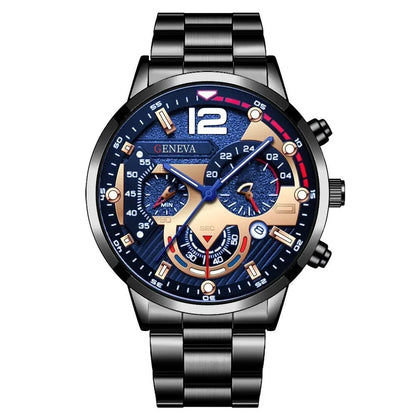 Men’s Luxury Quartz Watch Gift Jewelry Set – Gold Roman Calendar Wristwatch with Cross Necklace, Bracelet & Ring