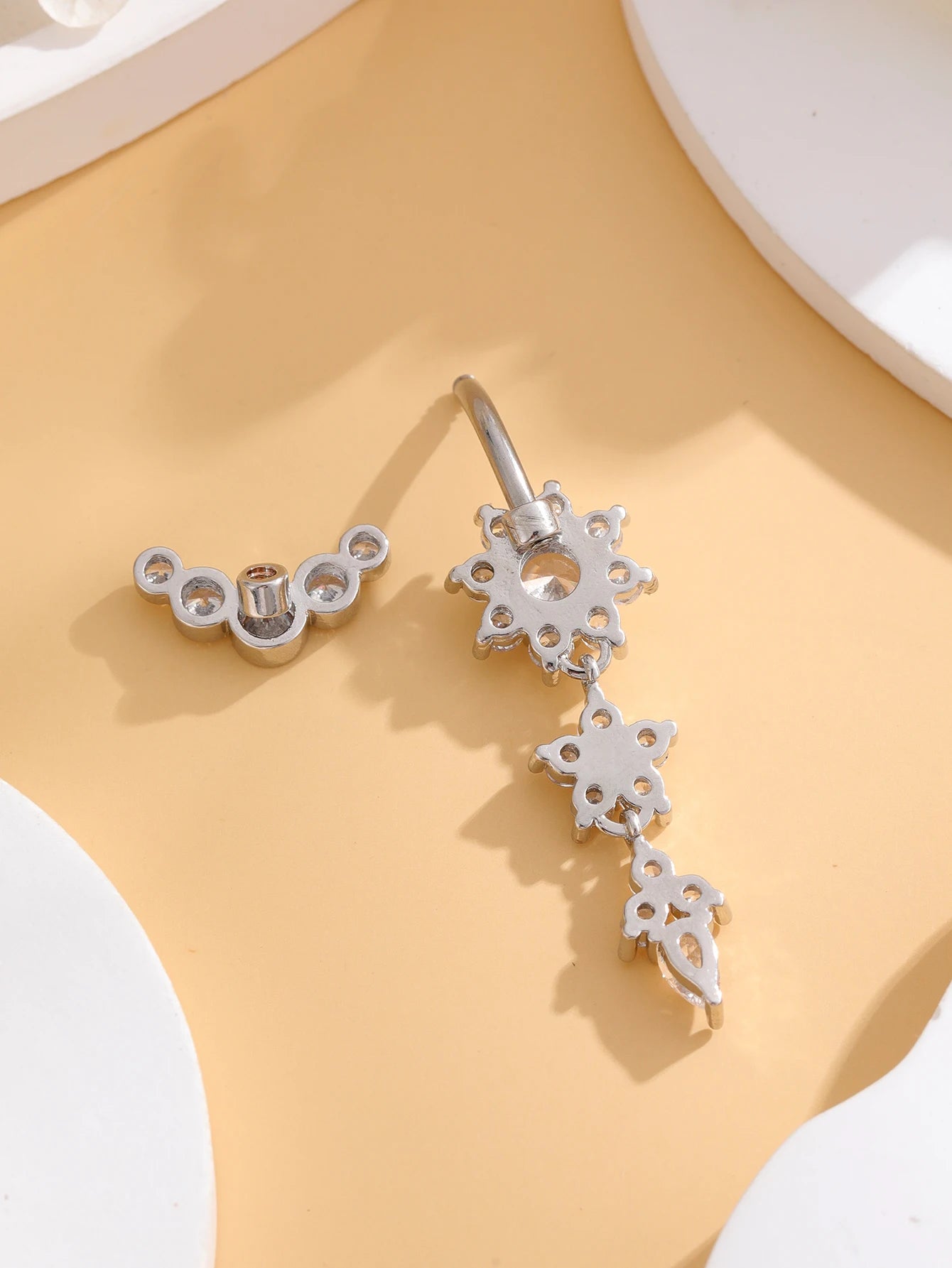Women’s Gold Stainless Steel Belly Button – Long Dangle Flower CZ Crystal Navel Piercing Jewelry
