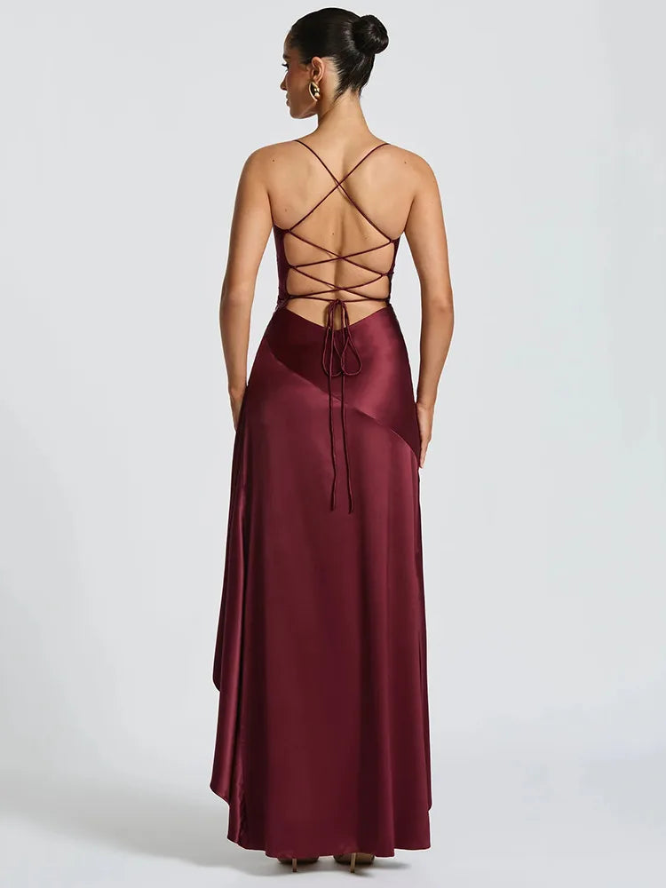 Women’s Satin Spaghetti Strap Maxi Dress – Elegant Split Backless Evening & Party Dress