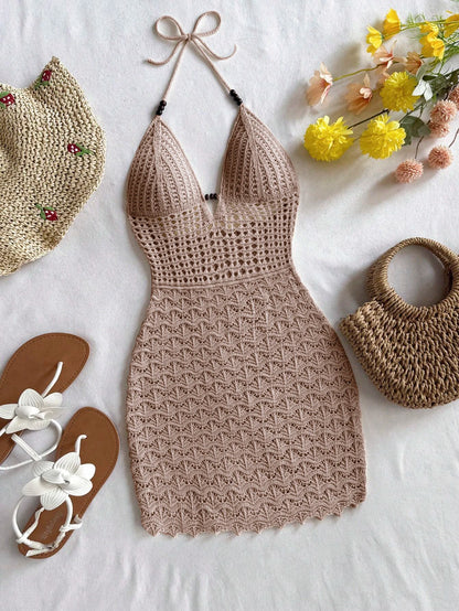 Women’s Sexy V-Neck Hollow-Out Knit Mini Dress – Ombre Backless Spaghetti Strap Summer Vacation Dress
