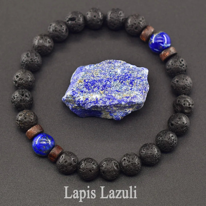 Men’s Tiger Eye & Lava Stone Bead Bracelet – Tibetan Buddha Elastic Wristband Jewelry