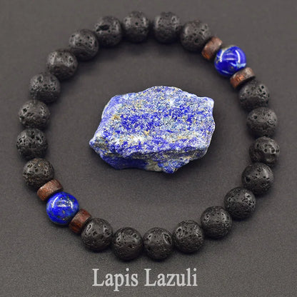 Men’s Tiger Eye & Lava Stone Bead Bracelet – Tibetan Buddha Elastic Wristband Jewelry