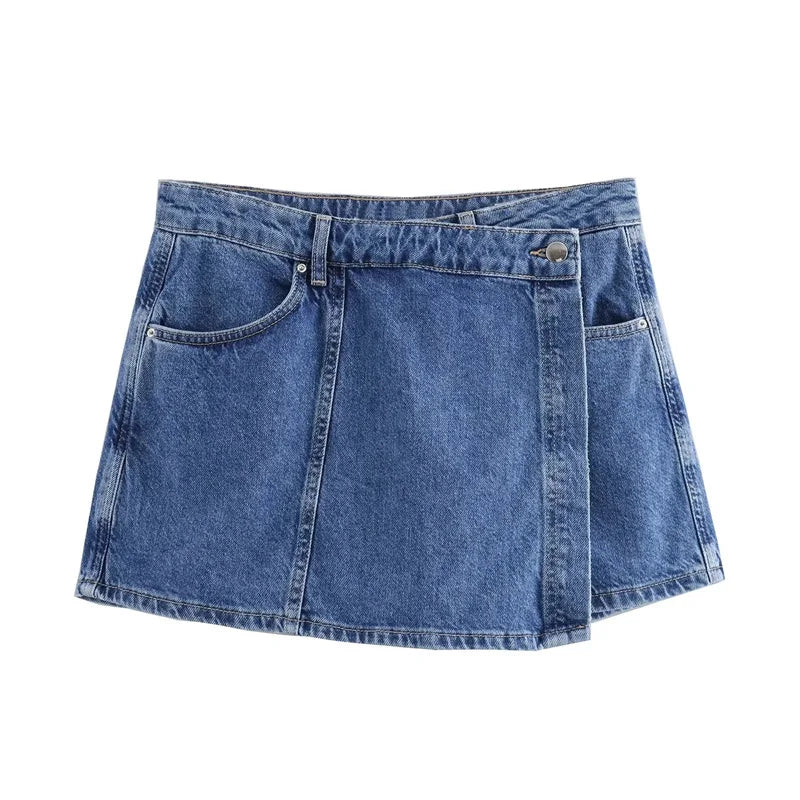 Women’s Blue Denim Sleeve Cropped Shirt | Summer Y2K Streetwear Top And Bottom Set | Stylish Casual Fashion Blouse