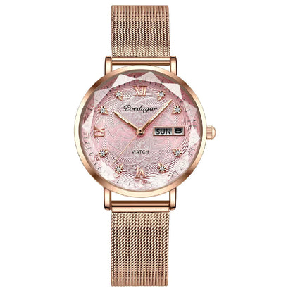 Women’s Luxury Stainless Steel Watch | Waterproof Luminous Quartz Wristwatch with Date & Week Display