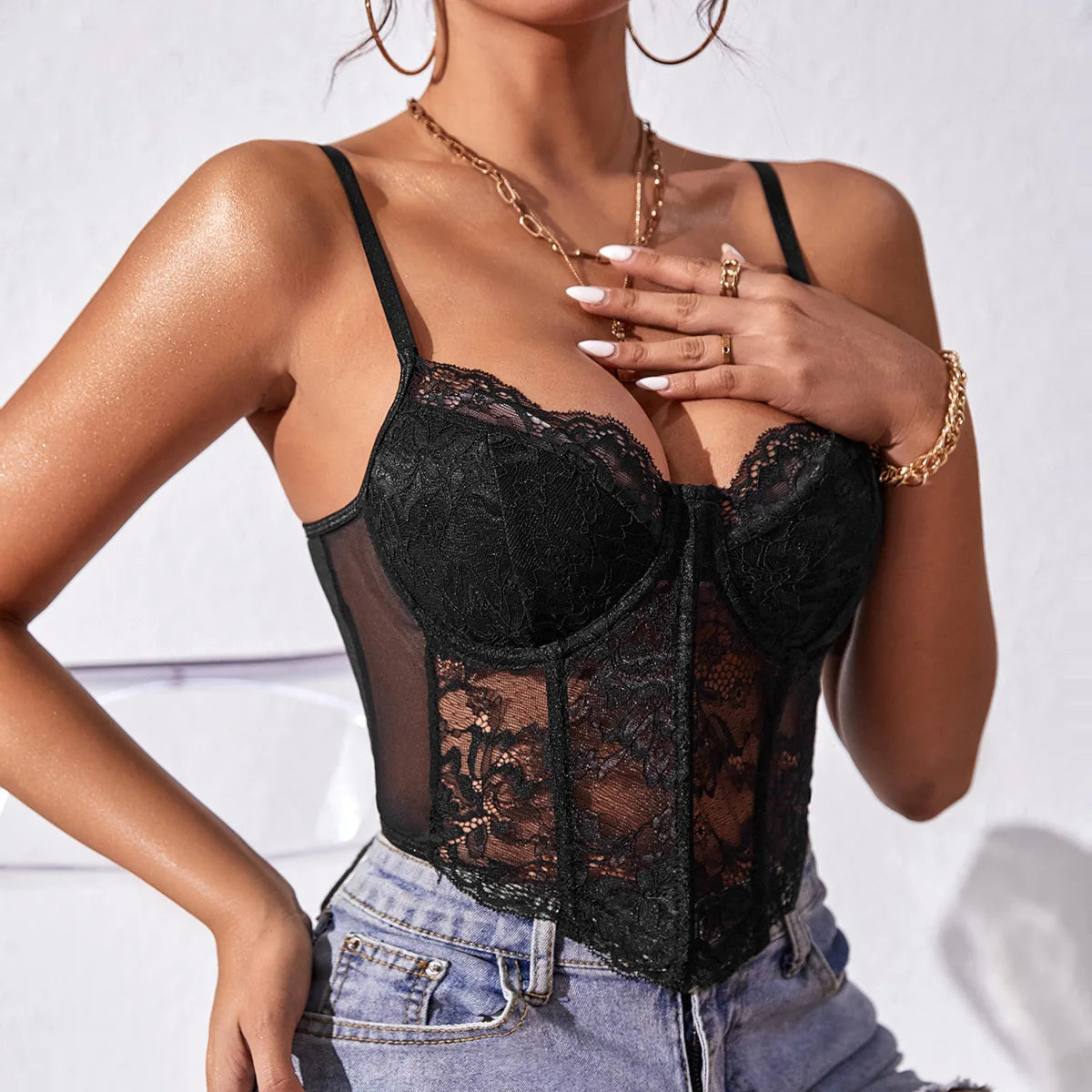 Women’s French Sexy Lace Underwire Crop Top | Fishbone Corset | Backless V-Neck Elegant Hottie Perspective Top