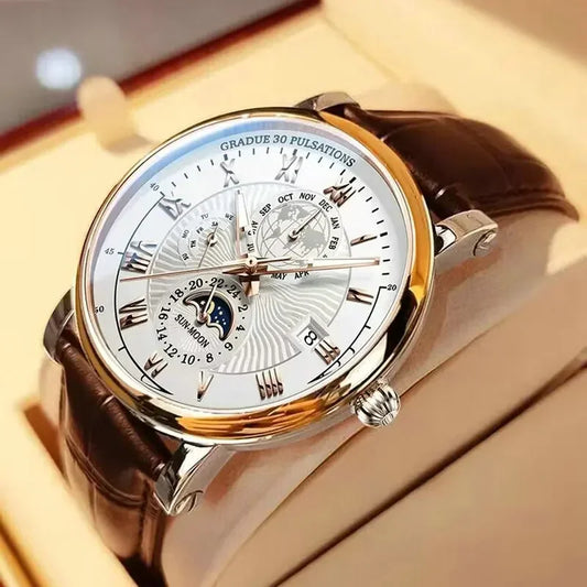 Men’s Luxury Sport Quartz Watch – Waterproof Luminous Leather Strap Business Wristwatch