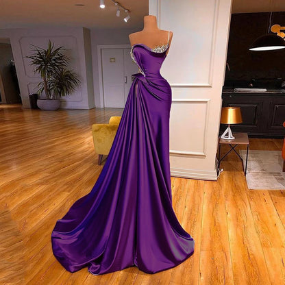 Women’s One Shoulder Lilac Evening Dress – Beaded Ruched Formal Gown with Sweep Train, Elegant Party & Pageant Maxi Dress