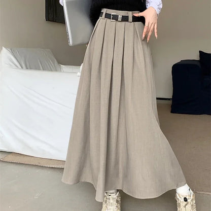 Women’s Pleated Long Skirt Bottom – Solid Color Mid-Length Large Swing Skirt Versatile Elegant Style