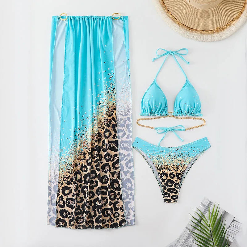 Women’s Sexy Print Halter Bikini Set | Three-Piece Swimwear | Beachwear Swimsuit Set