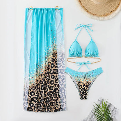 Women’s Sexy Print Halter Bikini Set | Three-Piece Swimwear | Beachwear Swimsuit Set