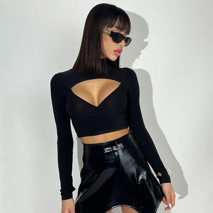 Women’s Solid Slim Hollow Out Crop Top | Long Sleeve Y2K Aesthetic Streetwear | Stylish Short Top