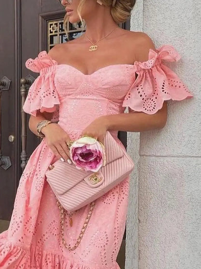 Women’s Off Shoulder Midi Dress – Elegant V-Neck A-Line Slim Fit Dress