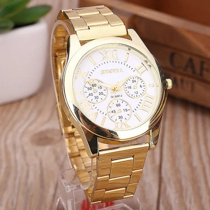 Men’s Light Luxury Watch – Gold Stainless Steel Wristwatch with 3-Eye Dial