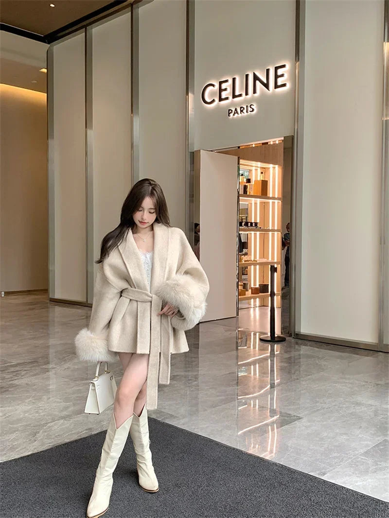 Women’s Grey Tie-Waist Woolen Cape Outerwear – Elegant Autumn Winter Coat