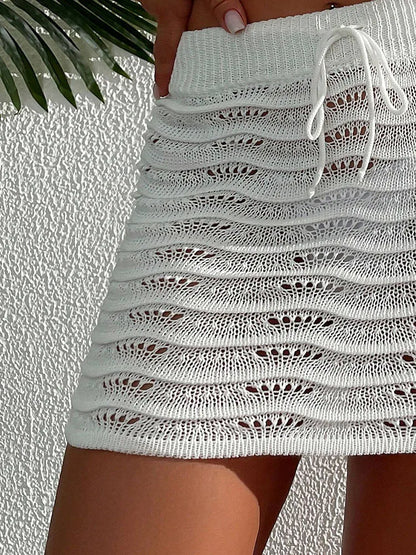 Women’s Hollow Knitted Beach Skirt Bottom – Elegant Solid Color Bikini Cover Up Skirt