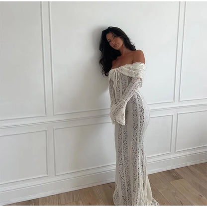 Women’s Lace Hollow Out Strapless Gown – Elegant Off Shoulder Backless Maxi Dress for Party & Evening Events