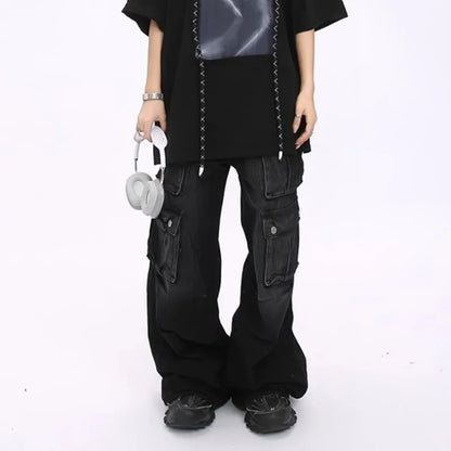 Women’s Cyber Y2K Washed Black Baggy Cargo Jeans Bottom – Wide Leg Streetwear