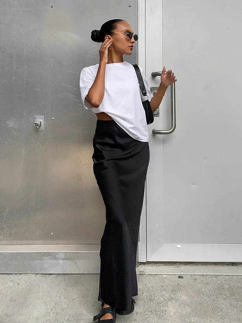 Women’s Satin High Waist Midi Skirt Bottom – Elegant Chic High Street Style