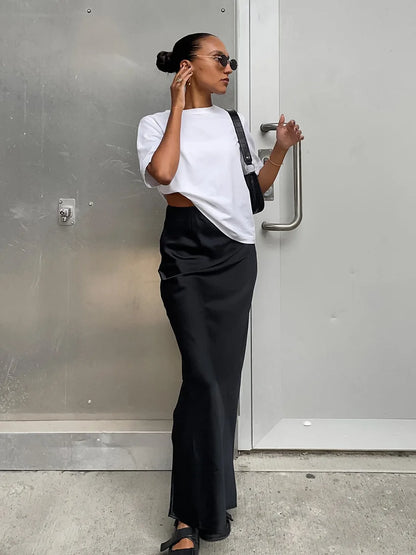 Women’s Satin High Waist Midi Skirt Bottom – Elegant Chic High Street Style