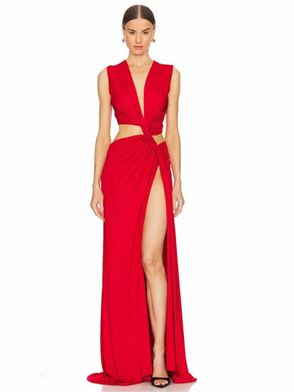 Women’s Summer Beach Maxi Dress – Hollow Out Twist Knot Deep V Split Dress