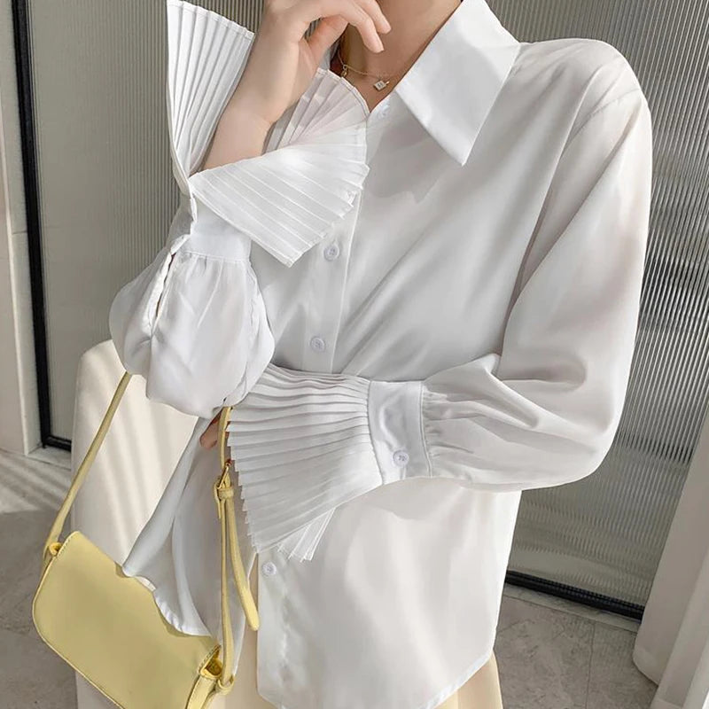 Women’s Flare Sleeve Button-Up Shirt Top – Elegant Office Blouse Fall Fashion