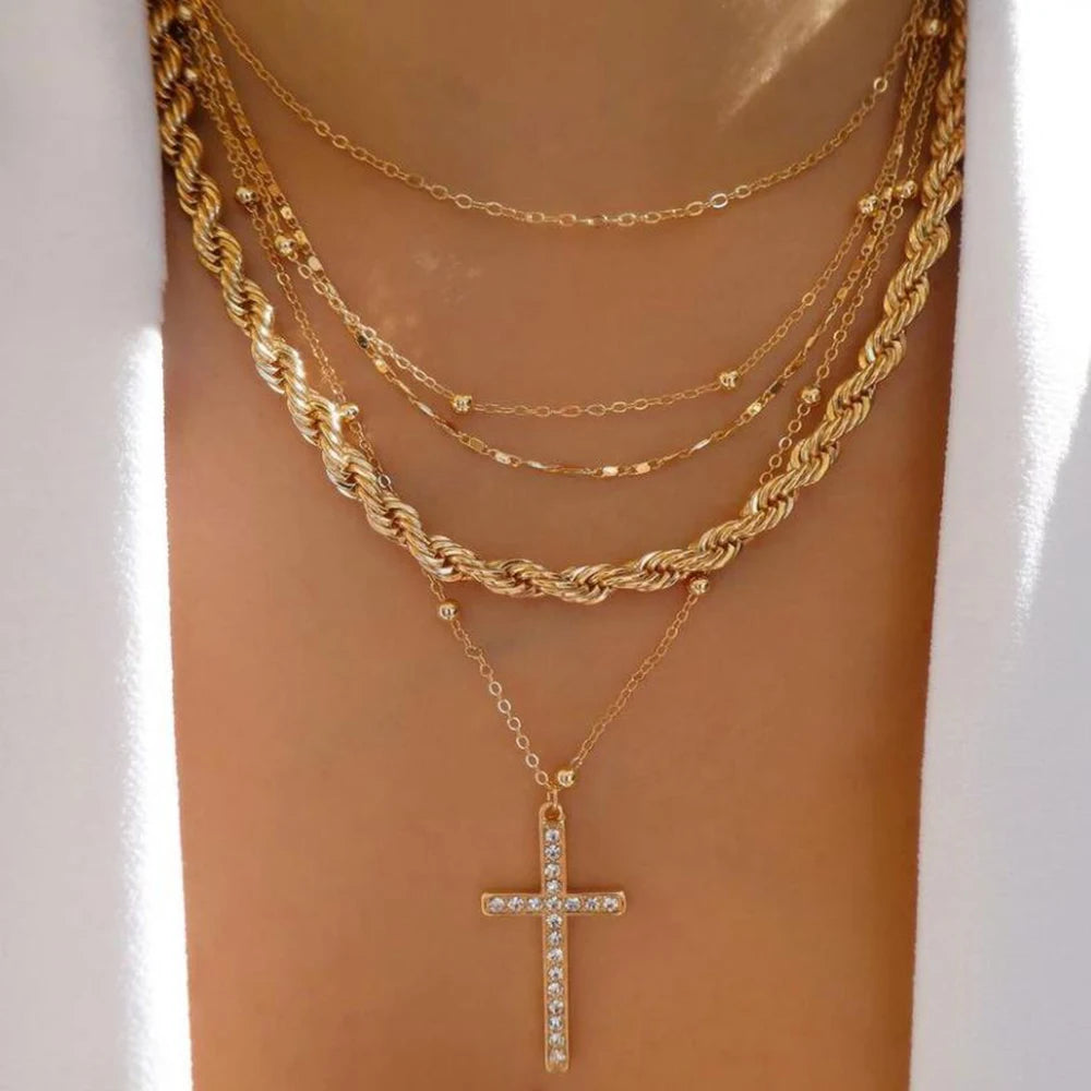 Women’s Jewelry Boho Layered Crystal Pendant Necklace | Vintage | Gold Tone | Trendy