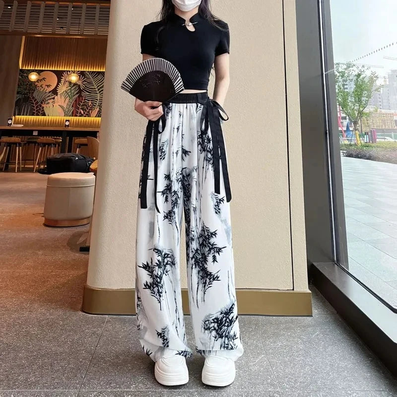 Women’s Thin Ice Silk Bottom – Casual Wide Leg Straight Tube Pants, Korean Style Lightweight Trousers