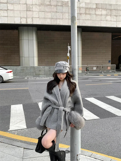Women’s Grey Tie-Waist Woolen Cape Outerwear – Elegant Autumn Winter Coat