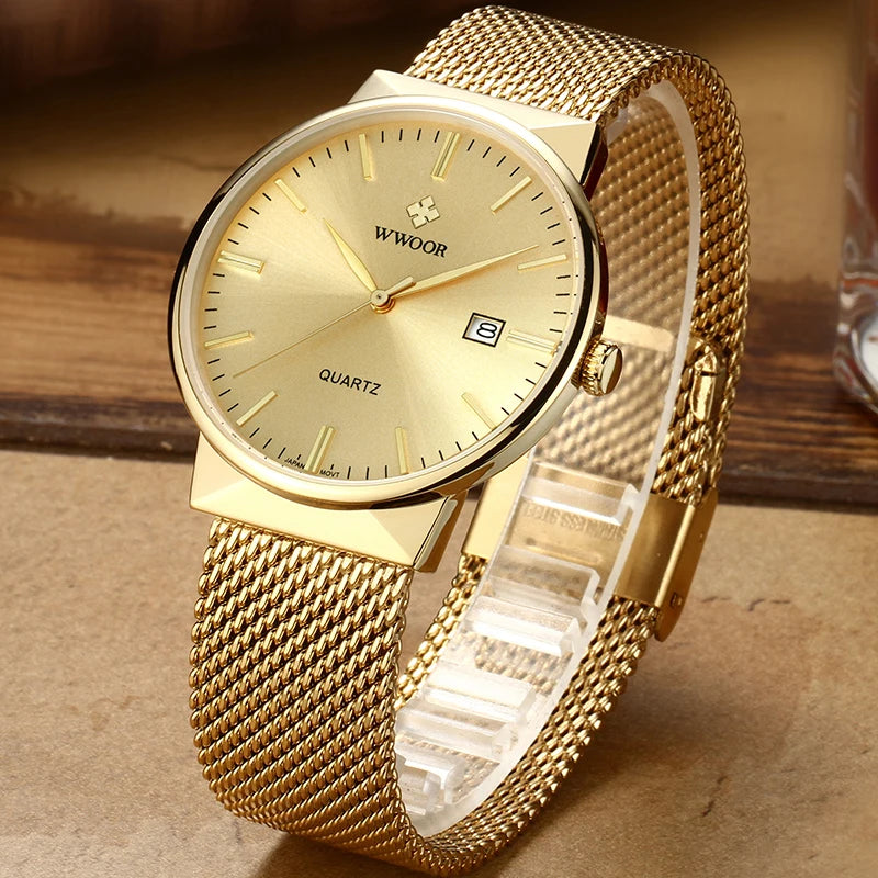 Men’s Ultra-Thin Gold Mesh Watch –Luxury Stainless Steel Waterproof Wristwatch with Date Display