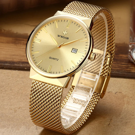 Men’s Ultra-Thin Gold Mesh Watch –Luxury Stainless Steel Waterproof Wristwatch with Date Display