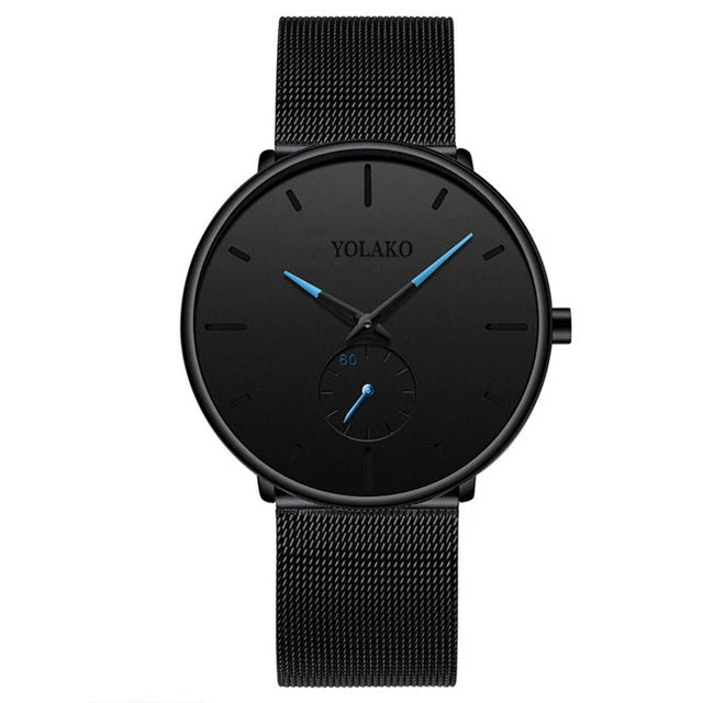 Men’s Ultra Thin Minimalist Watch – Leather & Stainless Steel Mesh Strap