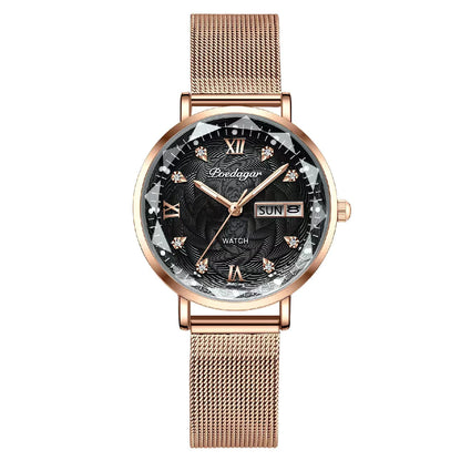 Women’s Luxury Stainless Steel Watch | Waterproof Luminous Quartz Wristwatch with Date & Week Display