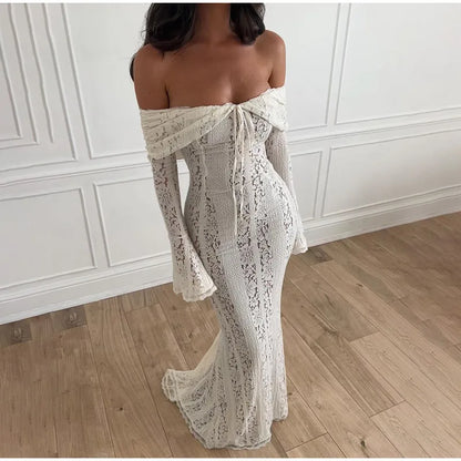 Women’s Lace Hollow Out Strapless Gown – Elegant Off Shoulder Backless Maxi Dress for Party & Evening Events