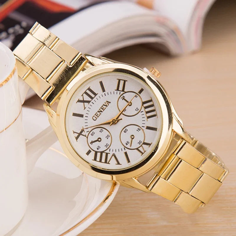 Men’s Light Luxury Watch – Gold Stainless Steel Wristwatch with 3-Eye Dial