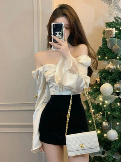 Women’s Lace Flare Sleeve Elegant Top | Sexy Lovely Korean Fashion Retro Pure Slim Spring Blouse