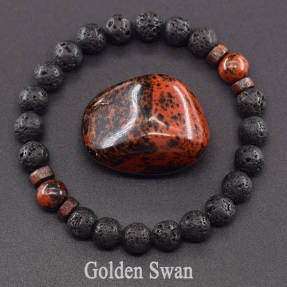 Men’s Tiger Eye & Lava Stone Bead Bracelet – Tibetan Buddha Elastic Wristband Jewelry