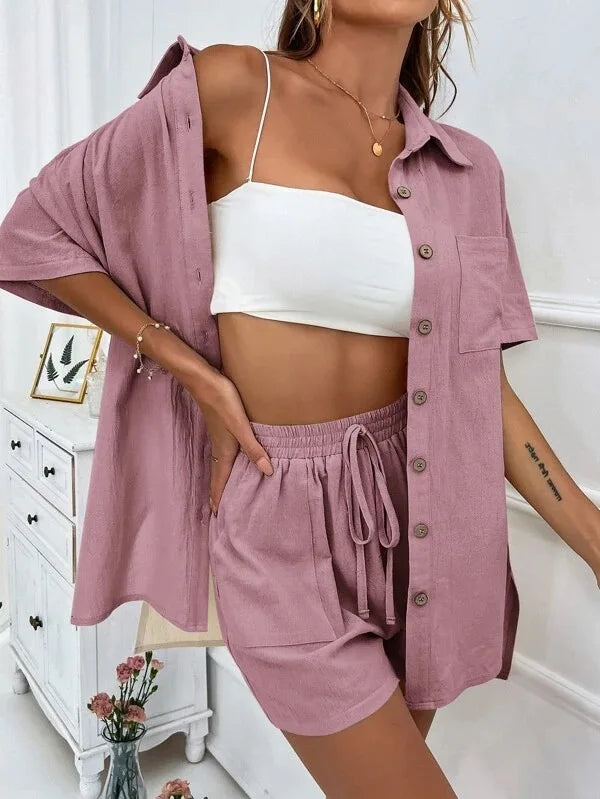 Women’s Long Sleeve Single-Breasted Broad-Leg Casual Set | Sexy Solid Summer 2-Piece Outfit