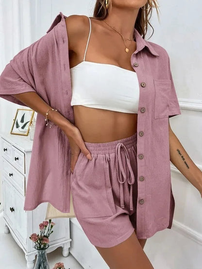 Women’s Long Sleeve Single-Breasted Broad-Leg Casual Set | Sexy Solid Summer 2-Piece Outfit
