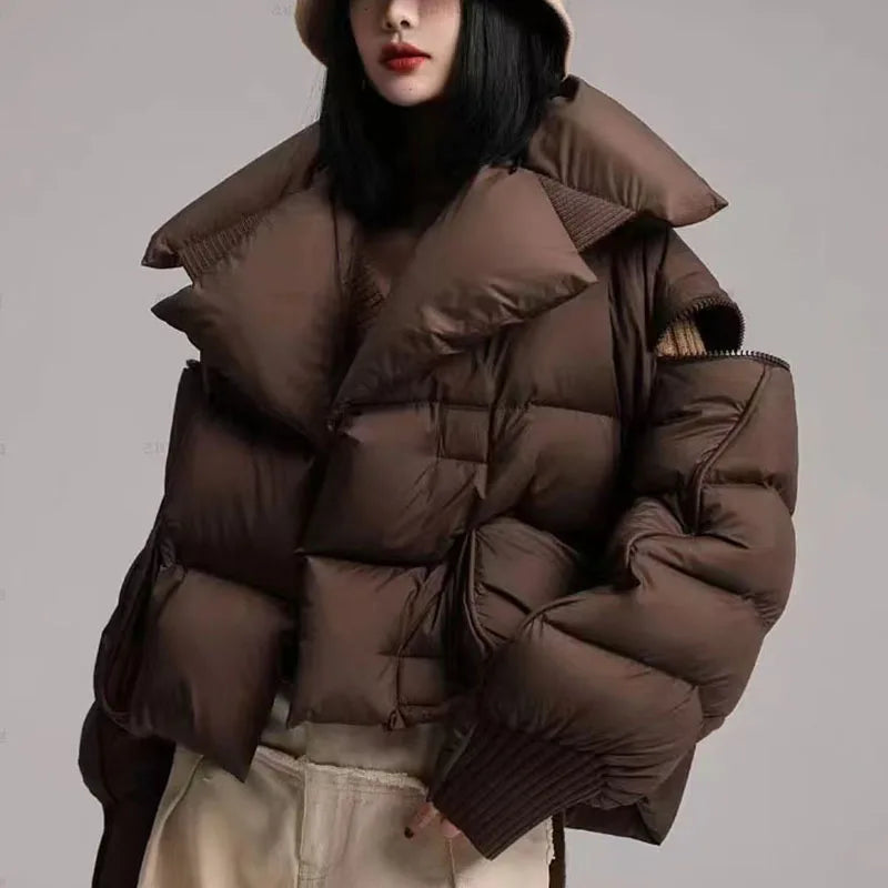 Women’s Down Jacket Outerwear – Knitted Patchwork Lapel Puffer Jacket
