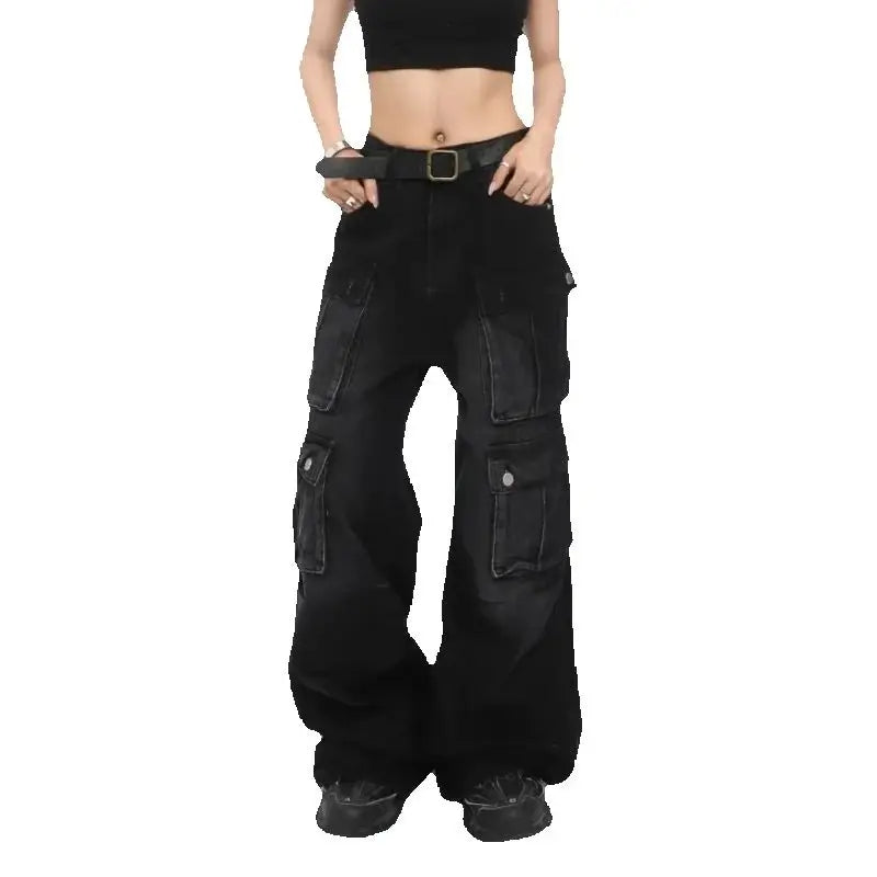 Women’s Cyber Y2K Washed Black Baggy Cargo Jeans Bottom – Wide Leg Streetwear