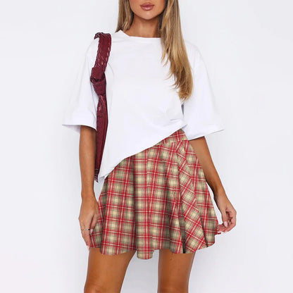 Women’s Retro Plaid Pleated Skirt Bottom – Y2K Vintage A-Line Mini School Uniform Style