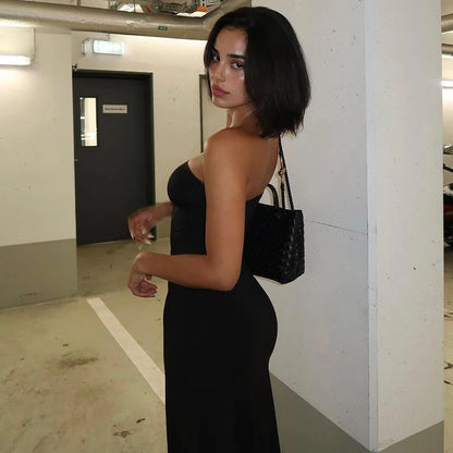Women’s Black Strapless Long Sleeve Maxi Dress – Elegant Bodycon Evening & Party Outfit for Fall/Winter