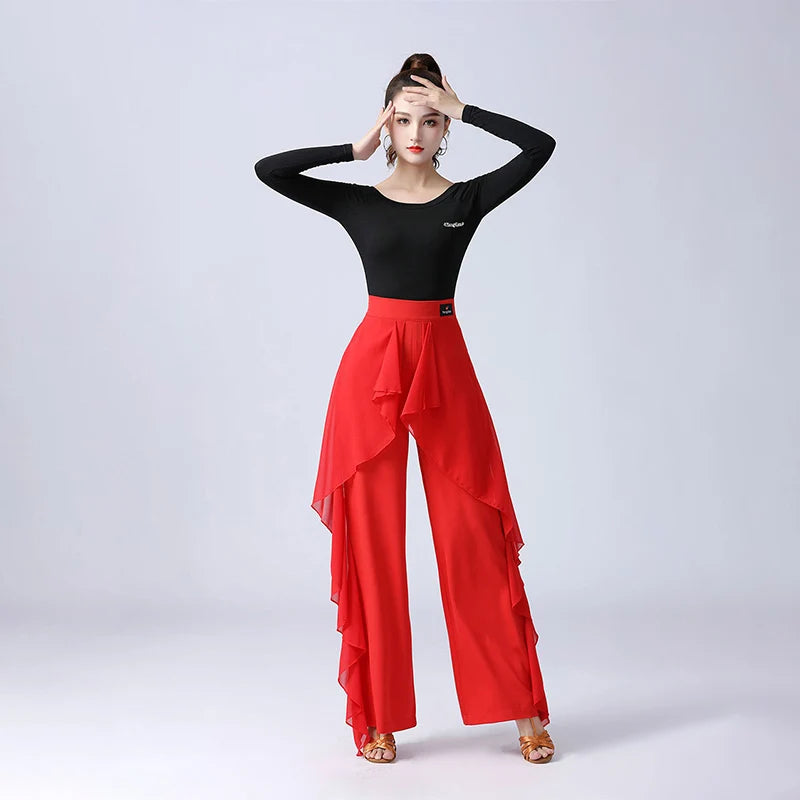 Women’s High-Waist Ruffle Dance Pants – Latin, Tango & Samba Performance Wide-Leg Trousers
