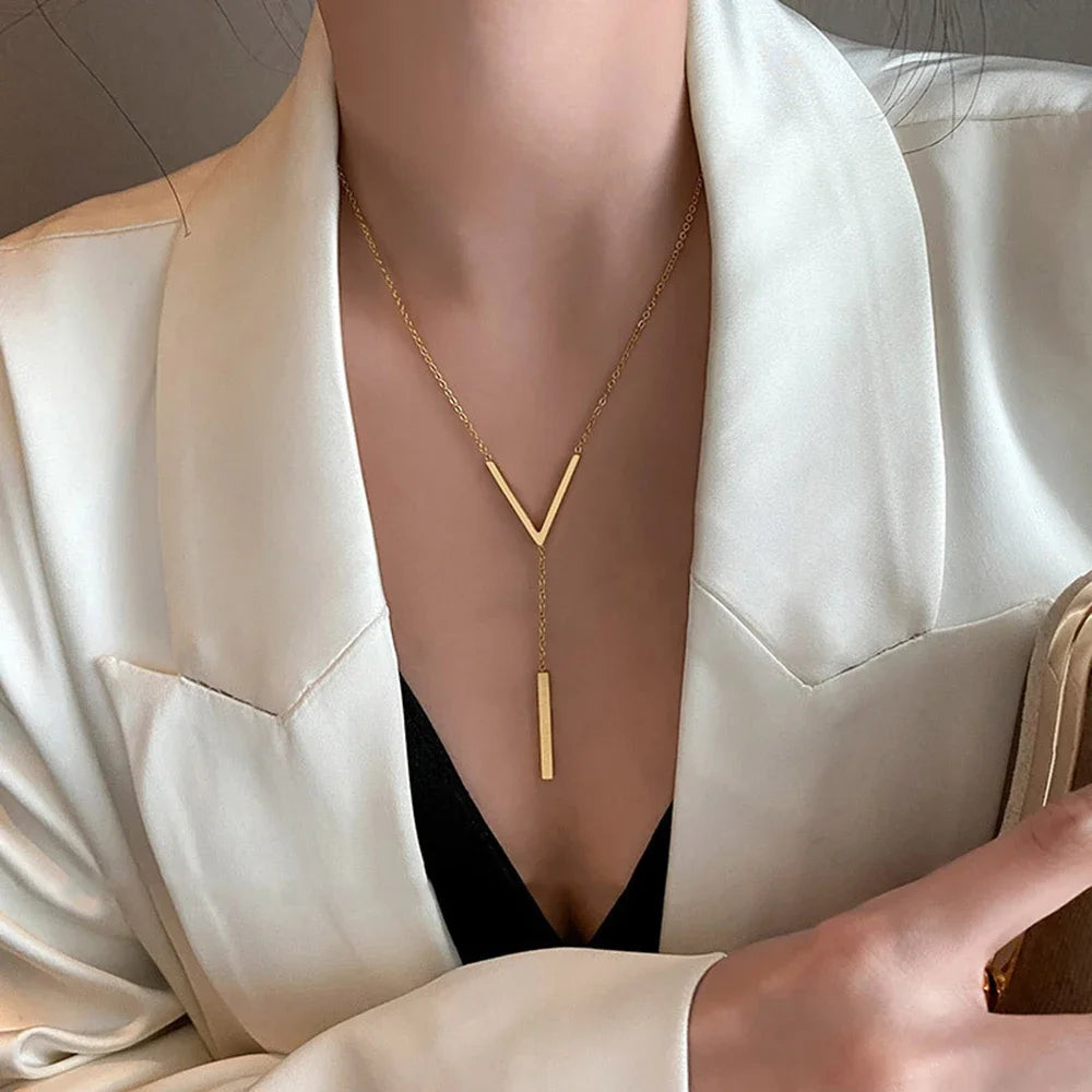 Women’s Jewelry V Shape Long Clavicle Choker Necklace | Sexy | Gold Tone | Party
