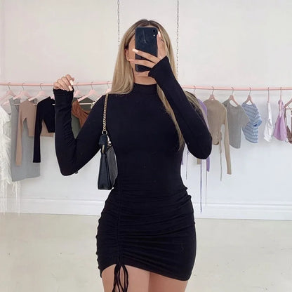 Women’s Elegant Lace-Up Mini Dress – Solid Pleated Slim Fit Party Dress
