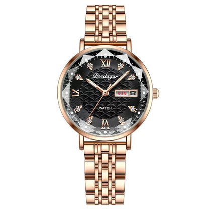 Women’s Luxury Stainless Steel Watch – Waterproof Wristwatch with Date & Week Display