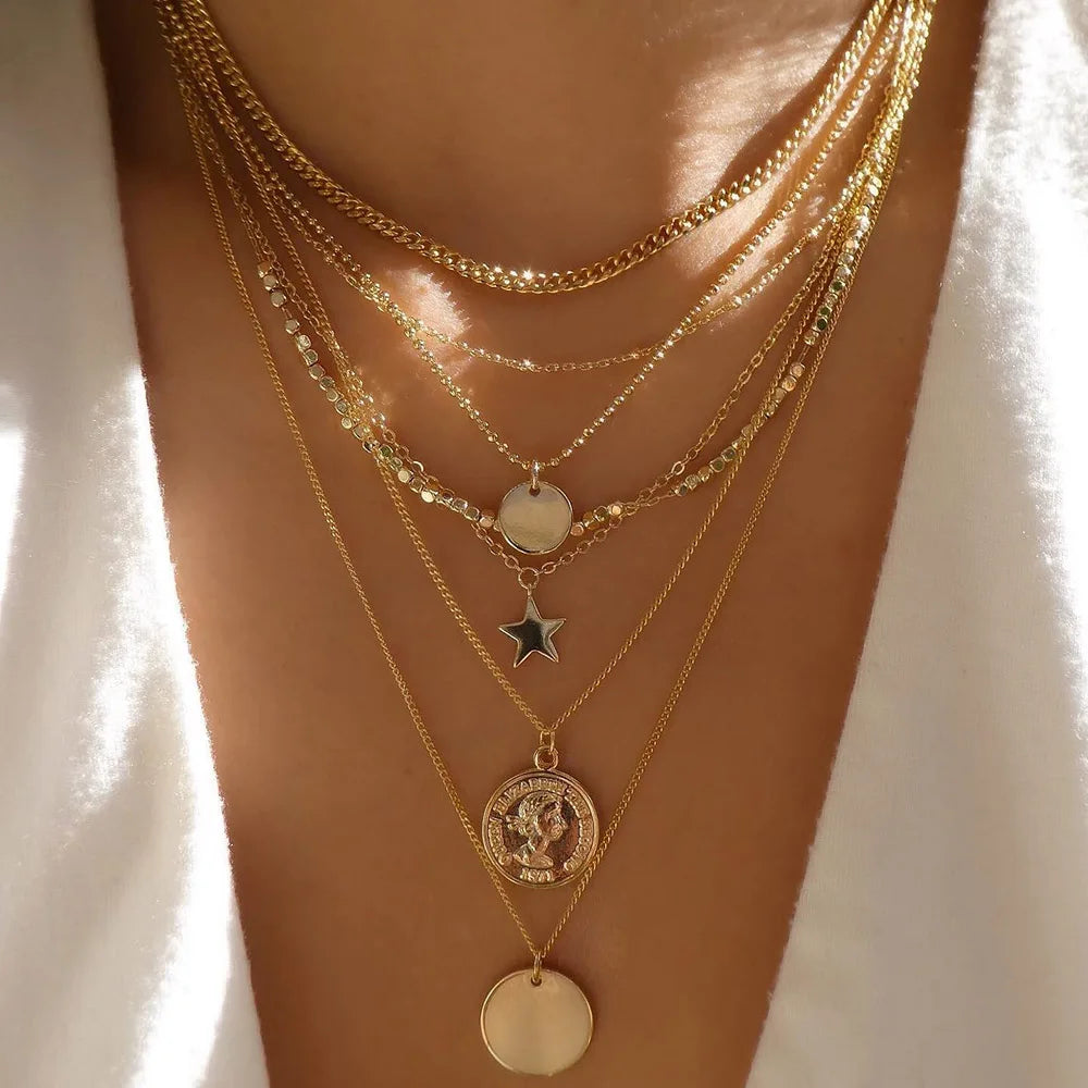 Women’s Jewelry Layered Disc Pendant Necklace | Vintage | Gold Tone | Trendy